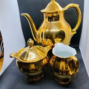 ST Bavaria Gemany China Gold Coffee Pot Sugar Creamer Set Signed